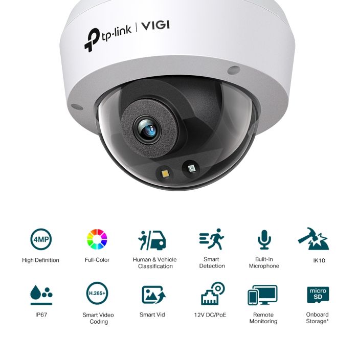 TP-LINK VIGI C240-4 IP Camera, PoE, 4MP, 4mm, H265+, IP66, Turret, color night vision, indoor