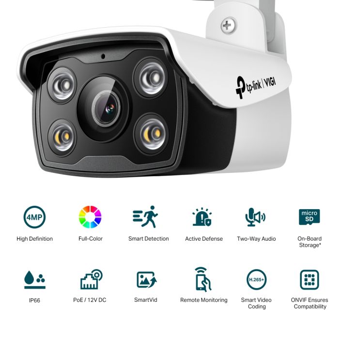 TP-LINK VIGI C340-2,8 IP Camera, PoE, 4MP, 2,8mm, H265+, IP66, Bullet, color night vision, outdoor