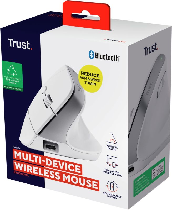Мышь Trust Bayo+ Multidevice Ergonomic, BT/WL/USB-A, біла