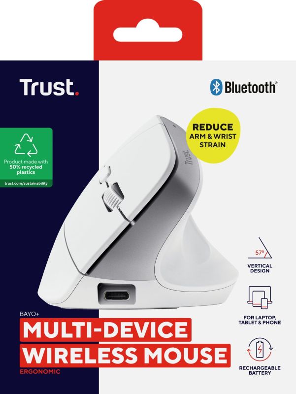 Мышь Trust Bayo+ Multidevice Ergonomic, BT/WL/USB-A, біла