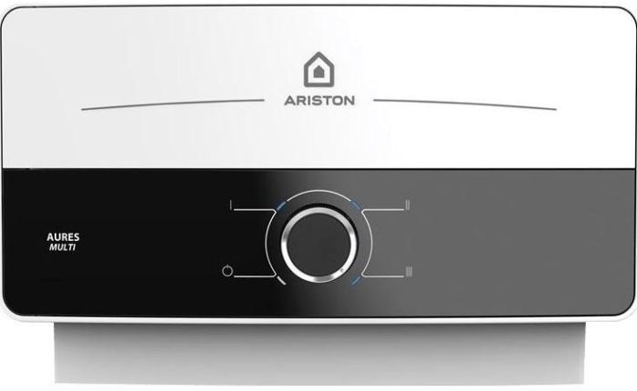 Ariston electric water heater, instantaneous AURES SM 7.7, 4.4 l/min, 7.7 kW, horizontal installation, mechanical control, A, Vietnam, white and black