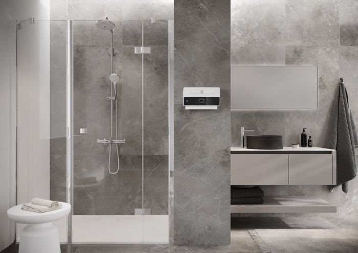 Ariston electric water heater, instantaneous AURES SM 7.7, 4.4 l/min, 7.7 kW, horizontal installation, mechanical control, A, Vietnam, white and black