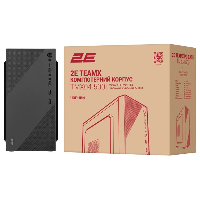 Корпус 2E TeamX TMX04 с БП 2E ATX500W, 2xUSB3.0, 1x80мм, VGA 220мм, mATX, чёрный