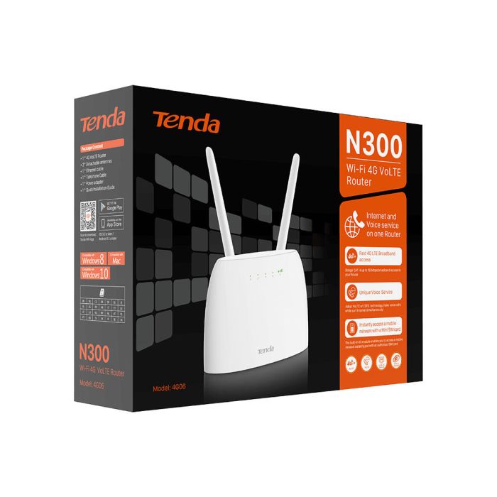 Маршрутизатор TENDA  N300, 4G/LTE, 1xFE LAN, 1xFE LAN/WAN, 1xRJ11, Cлот для SIM-карти Tenda 4G06C