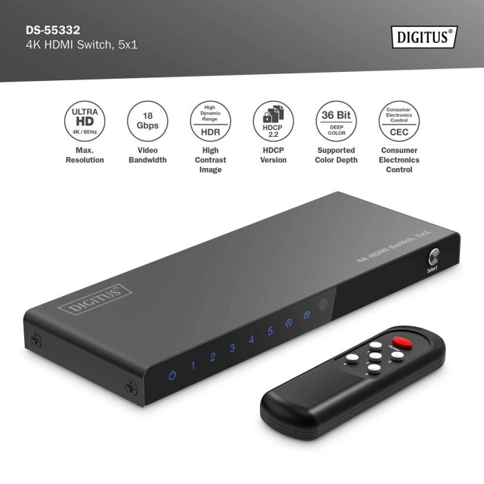 DIGITUS 5x1 HDMI Switch, 4K/60Hz HDCP 2.2