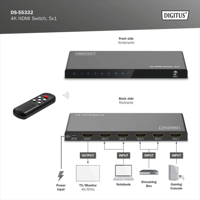 DIGITUS 5x1 HDMI Switch, 4K/60Hz HDCP 2.2