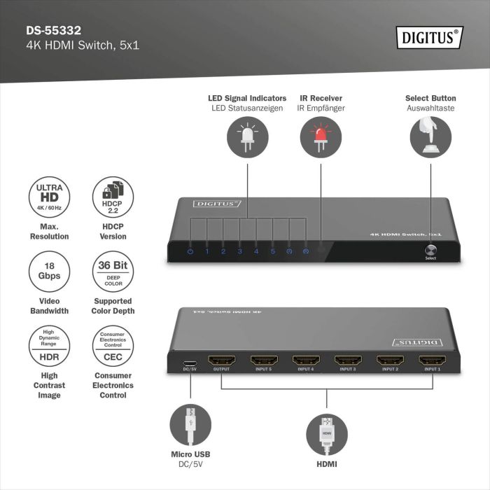 DIGITUS 5x1 HDMI Switch, 4K/60Hz HDCP 2.2