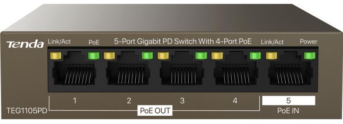 Коммутатор TENDA  5xGE (4xPoE PSE, 1xPoE PD), 30Вт, Неуправляемый Tenda TEG1105PD