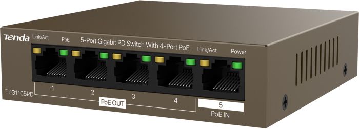Коммутатор TENDA  5xGE (4xPoE PSE, 1xPoE PD), 30Вт, Неуправляемый Tenda TEG1105PD