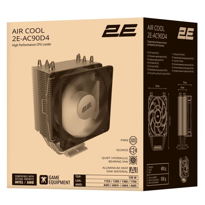 2E GAMING CPU cooler Air Cool AC90D4, LGA1851, 1700, 1200, 1366, 115x, AM5, AM4, AM3, AM3+, 4pin PWM, TDP 130W
