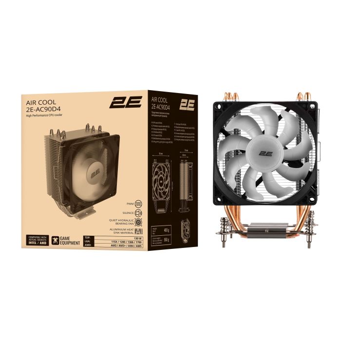 2E GAMING CPU cooler Air Cool AC90D4, LGA1851, 1700, 1200, 1366, 115x, AM5, AM4, AM3, AM3+, 4pin PWM, TDP 130W