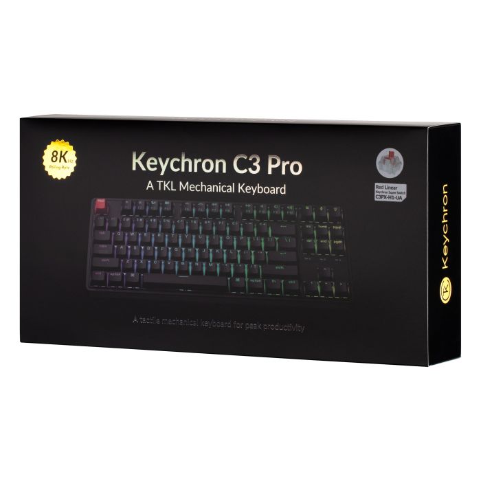 Клавіатура механічна Keychron C3 Pro V2 87Key, K pro Red, USB-A, QMK, Hot-swap, 8K, EN/UKR, RGB, чорний