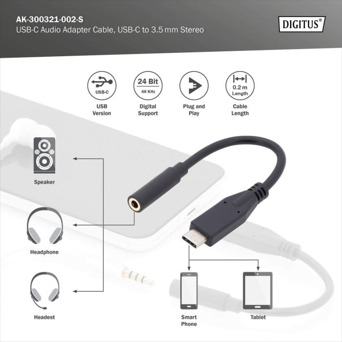 DIGITUS USB Type-C Audio adapter cable, Type-C - 3.5mm M/F, 0.2m, Audio input/output, bl