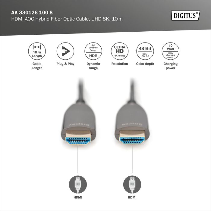 Кабель DIGITUS HDMI UHD 8K, AOC hybrid-fiber, type A M/M, 10м, чорний
