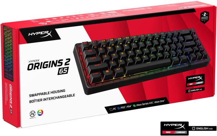 Клавіатура механічна HyperX Alloy Origins 2 65key, Red, USB-A, Hot-Swap, EN/UA, RGB, чорний
