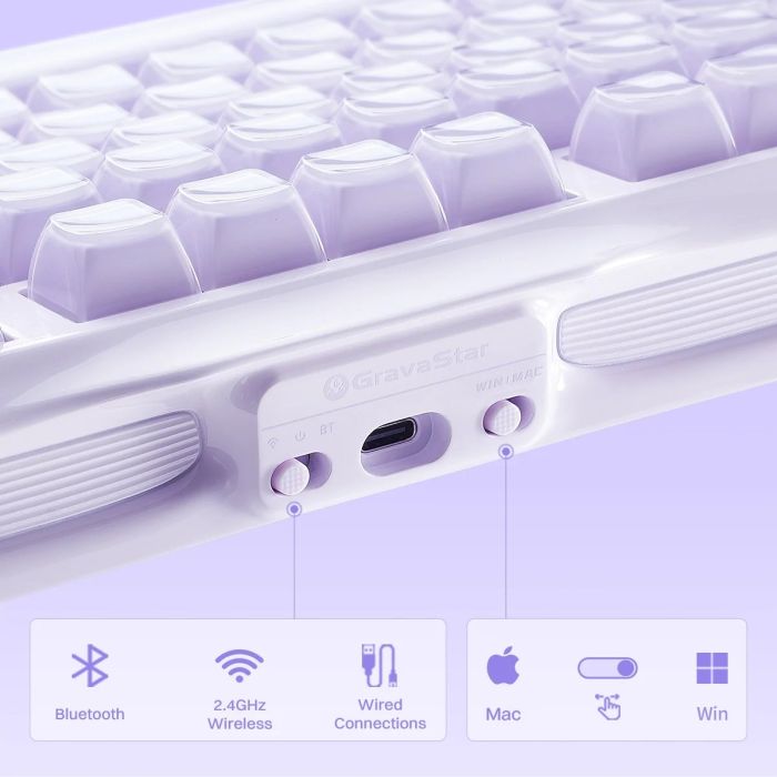 Клавіатура механічна GravaStar Mercury K1 80keys, GravaStar x Kailh Cheery Pink, EN, BT/WL/USB, Lavender Purple