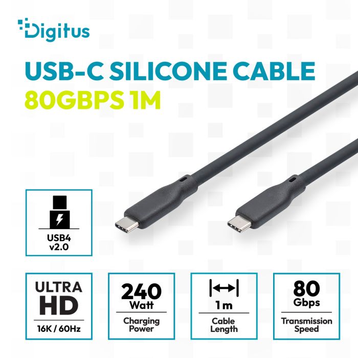 DIGITUS USB Silicone connection cable, USB-C - USB-C 1.5m, USB4 Version 2.0, 80G, 240W, 16K, black