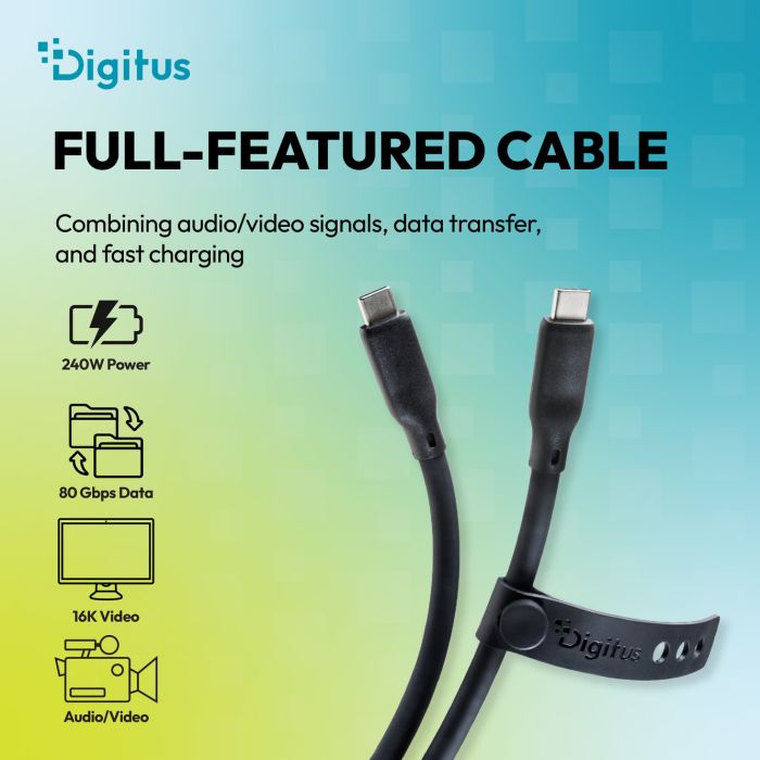 DIGITUS USB Silicone connection cable, USB-C - USB-C 1.5m, USB4 Version 2.0, 80G, 240W, 16K, black