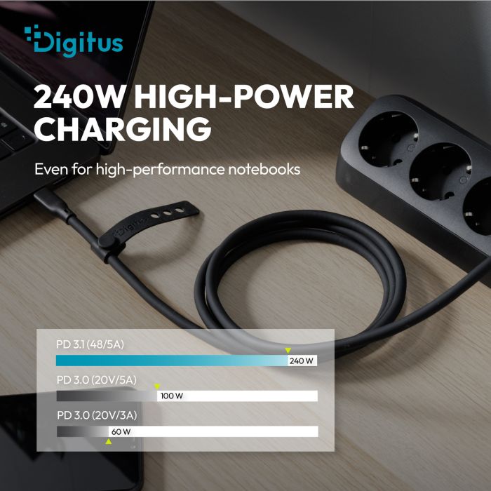 DIGITUS USB Silicone connection cable, USB-C - USB-C 1.5m, USB4 Version 2.0, 80G, 240W, 16K, black