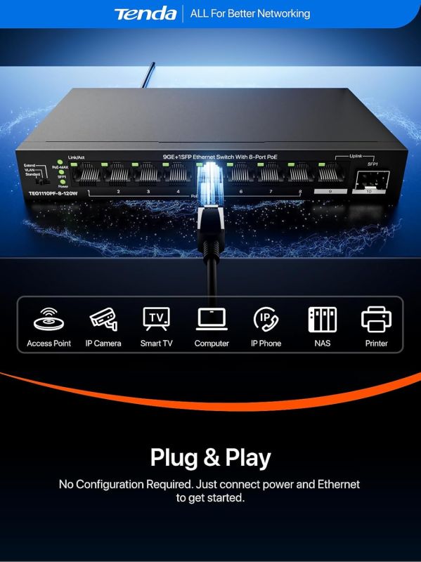 TENDA Switch  8xGE PoE, 1xGE, 1xSFP Tenda TEG1110PF-8-120W
