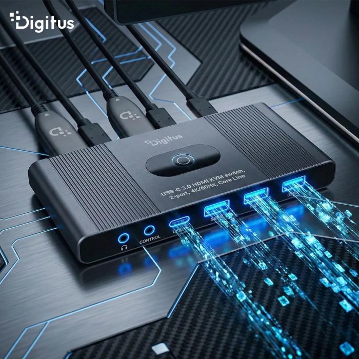 DIGITUS KVM Switch, 2x1 HDMI, 4K@60Hz 3x USB3.0, 1x USB C, Core Line