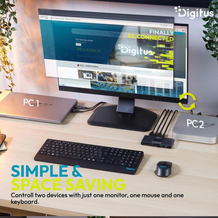 DIGITUS KVM Switch, 2x1 HDMI, 4K@60Hz 3x USB3.0, 1x USB C, Core Line
