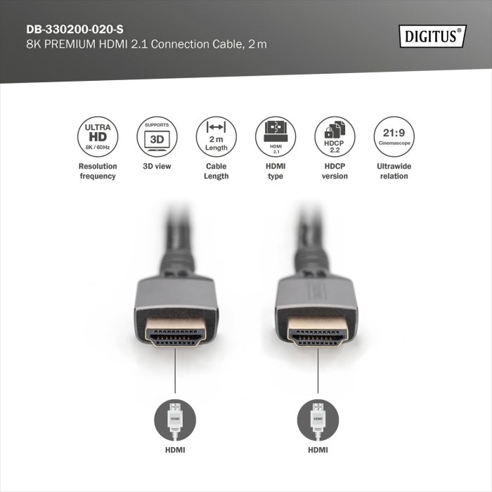 DIGITUS HDMI Ultra Premium High Speed Connection Cable, A M/M, 2.0m, Alu Housing, UHD, 8K@60Hz, gold, bl