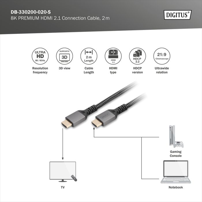 DIGITUS HDMI Ultra Premium High Speed Connection Cable, A M/M, 2.0m, Alu Housing, UHD, 8K@60Hz, gold, bl