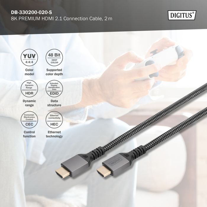 DIGITUS HDMI Ultra Premium High Speed Connection Cable, A M/M, 2.0m, Alu Housing, UHD, 8K@60Hz, gold, bl