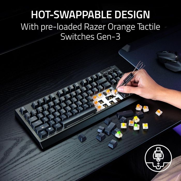 Razer Keyboard mechanical BlackWidow V4 TKL HyperSpeed, 87key, Orange Switch Gen-3, USB-A/WL/BT, EN, RGB, black