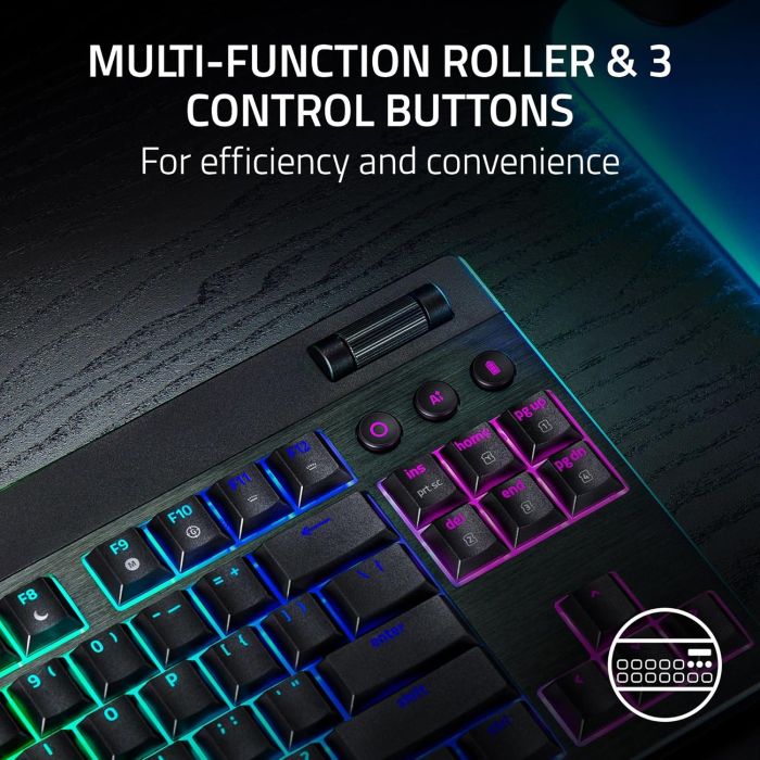 Razer Keyboard mechanical BlackWidow V4 Low-profile TKL HyperSpeed, 87key, Yellow Switch, USB-A/WL/BT, EN, RGB, black