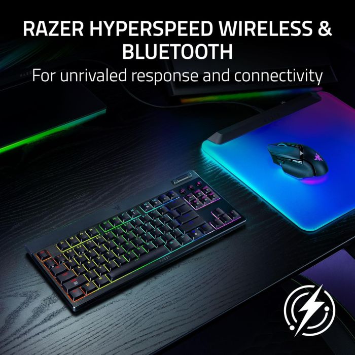 Razer Keyboard mechanical BlackWidow V4 Low-profile TKL HyperSpeed, 87key, Yellow Switch, USB-A/WL/BT, EN, RGB, black