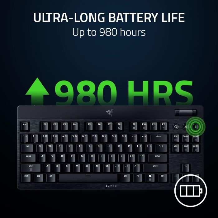 Razer Keyboard mechanical BlackWidow V4 Low-profile TKL HyperSpeed, 87key, Green Switch, USB-A/WL/BT, EN, RGB, black