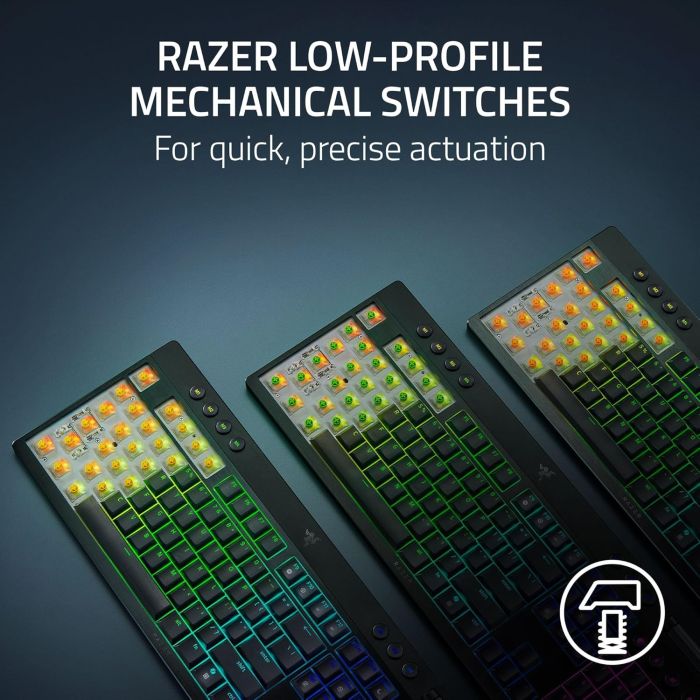 Razer Keyboard mechanical BlackWidow V4 Low-profile TKL HyperSpeed, 87key, Green Switch, USB-A/WL/BT, EN, RGB, black