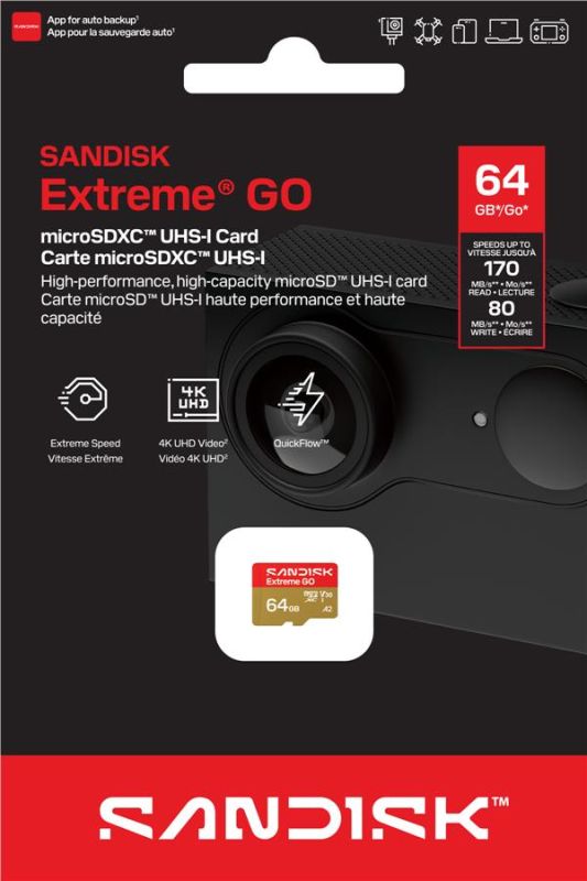 SanDisk microSD   64GB C10 UHS-I U3 A2 V30 R170/W80MB/s Extreme GO