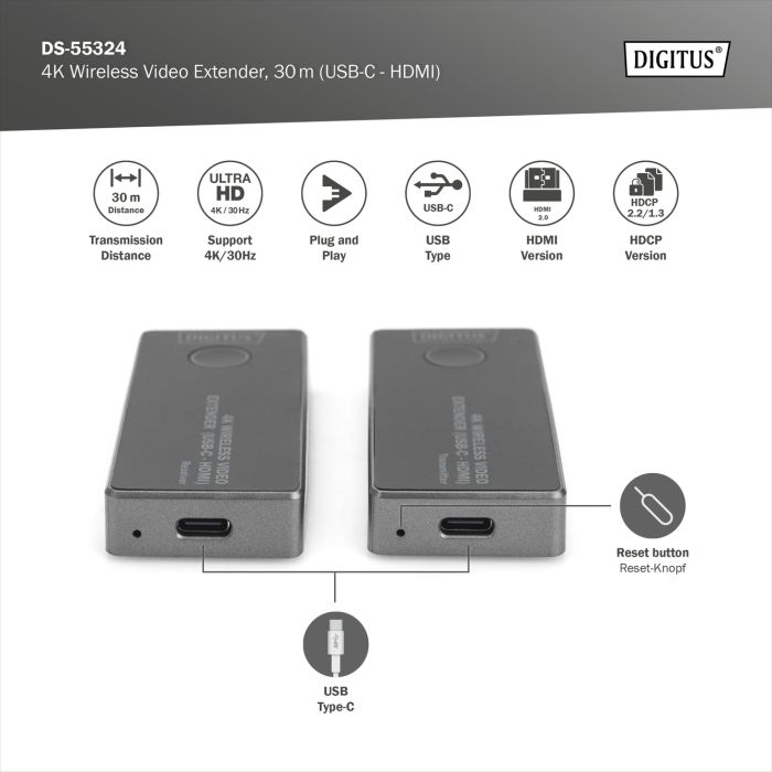 Беспроводной удлинитель DIGITUS USB-C > HDMI, 4K UHD, 30 м